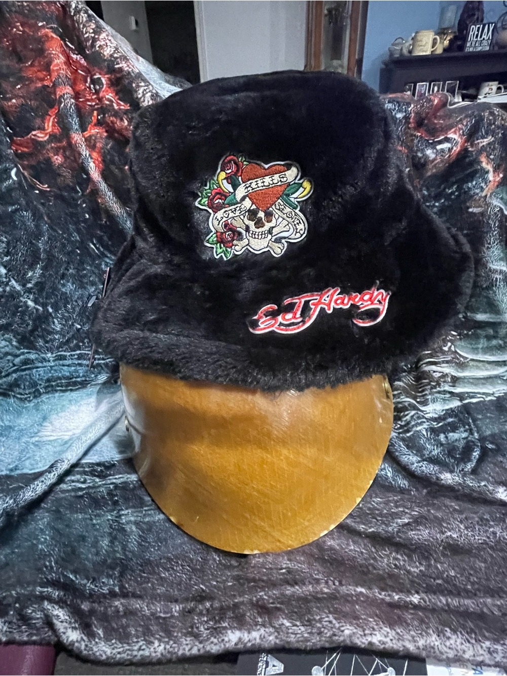 Ed Hardy Black Faux Fur Bucket Hat with Embroidered Skull & Rose Patch